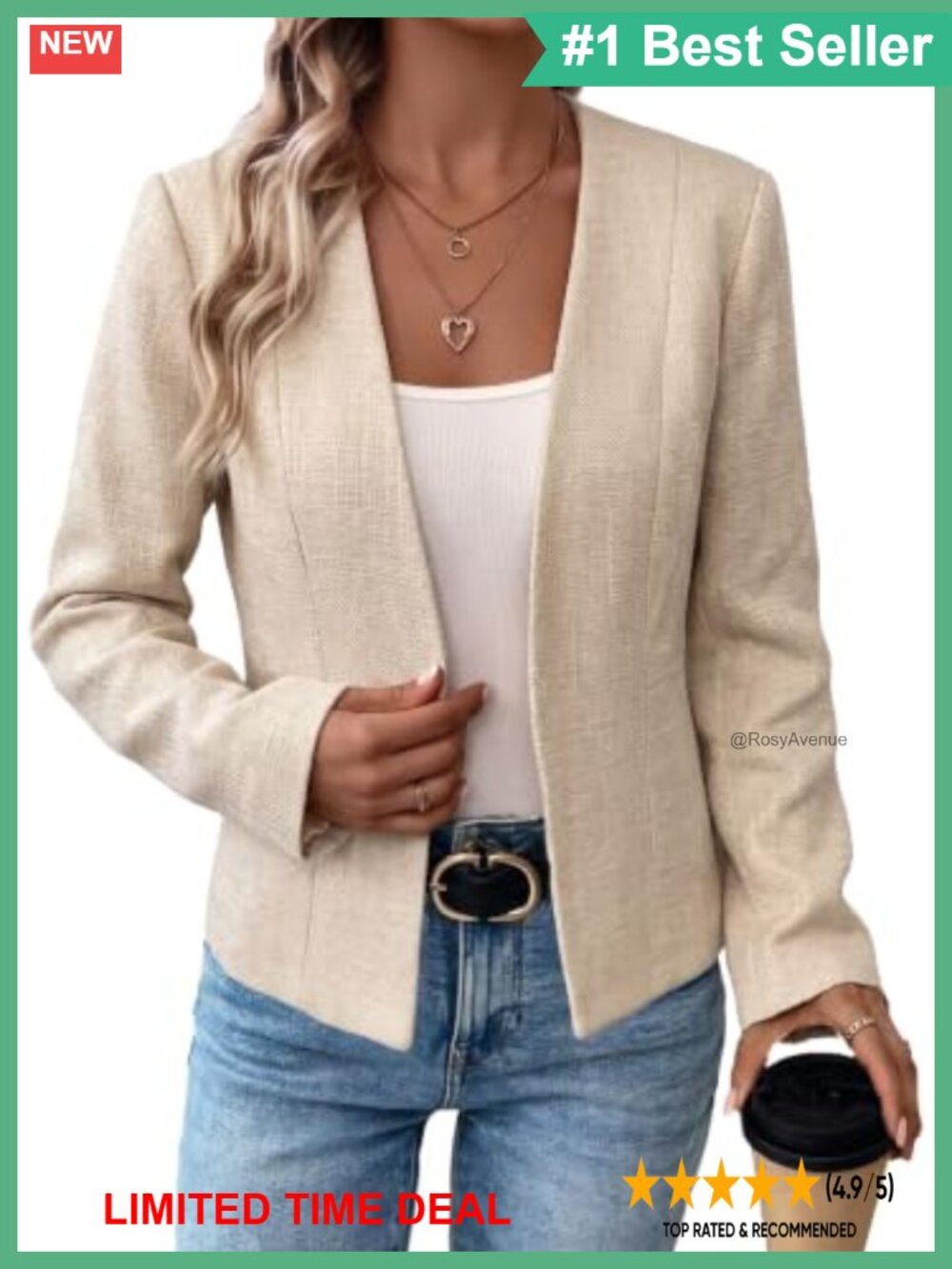 Tweed Blazer Cropped Open Front Cardigan Work Jacket Lightweight